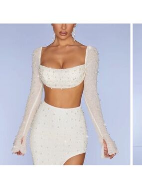 Oh Polly Pearl-Embellished Crop Top - Cream